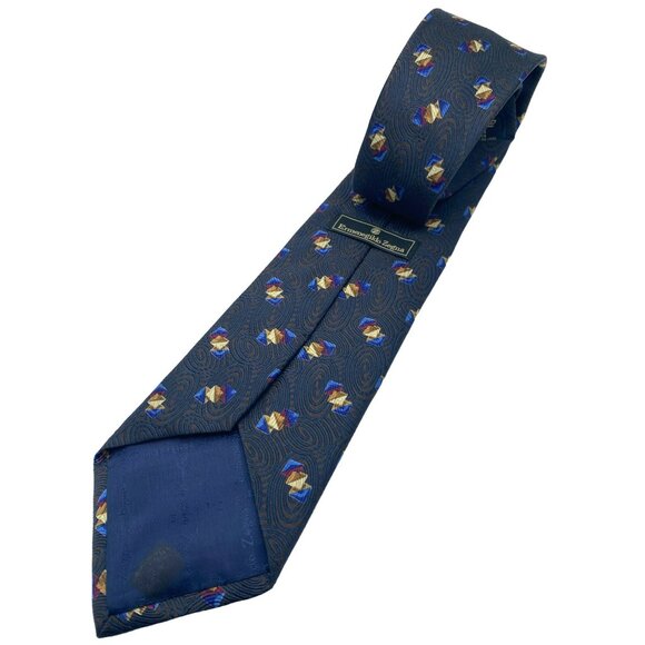 Ermenegildo Zegna Silk Tie Blue Brown Gold Red Geometric Swirl Abstract Italy - Picture 4 of 7